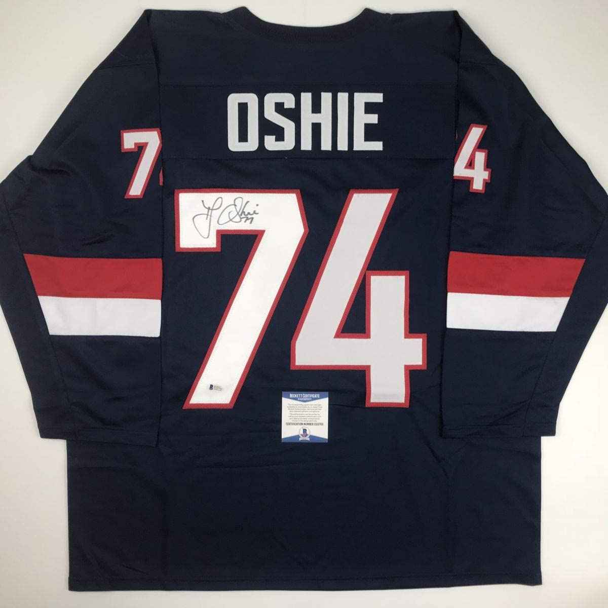 Autographed/Signed TJ T.J. Oshie United States USA Blue Olympics Hockey Jersey Beckett BAS COA