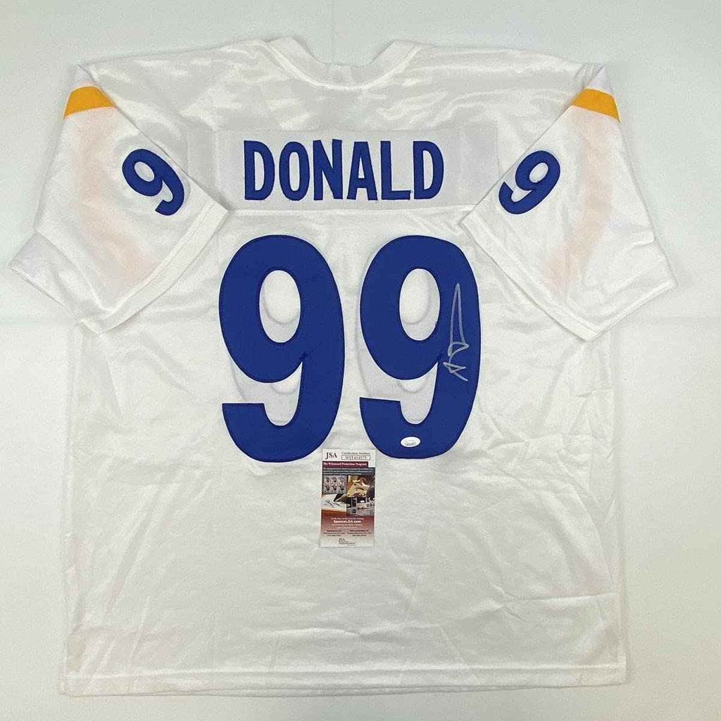 Autographed/Signed Aaron Donald Los Angeles LA White Football Jersey JSA COA