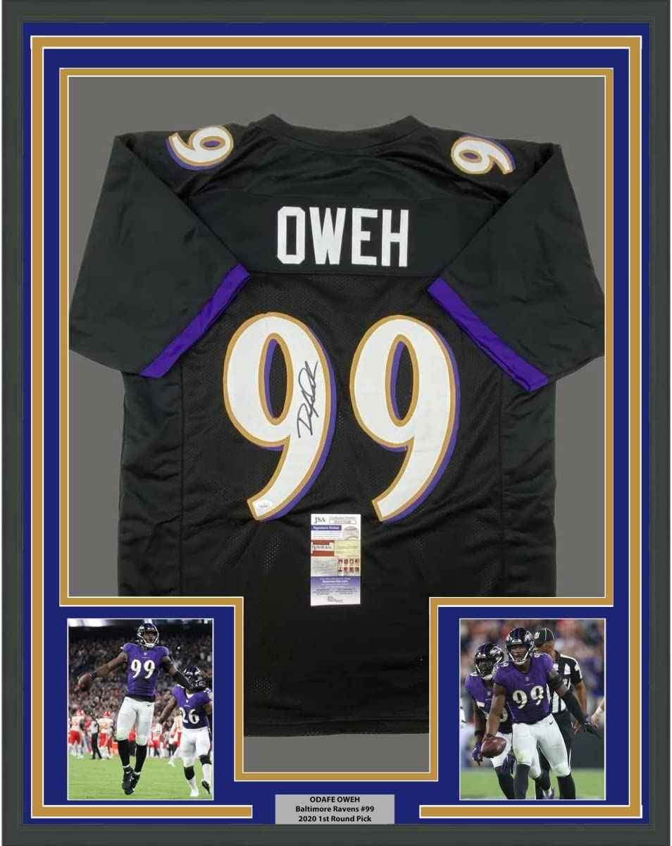 Framed Autographed/Signed Odafe Oweh 35x39 Baltimore Black Football Jersey JSA COA