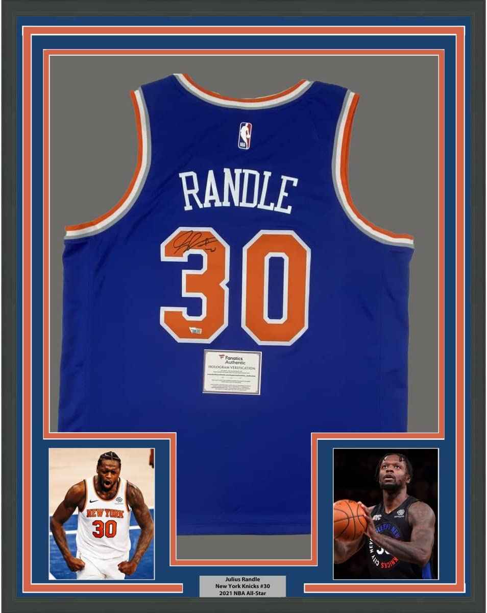 Framed Autographed/Signed Julius Randle 35x39 New York Knicks Blue Basketball Jersey Fanatics COA #2
