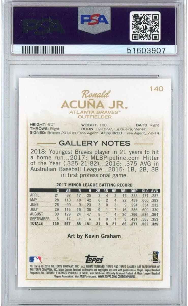 Graded 2018 Topps Gallery Ronald Acuna Jr. #140 Rookie RC Baseball Card PSA 10 Gem Mint