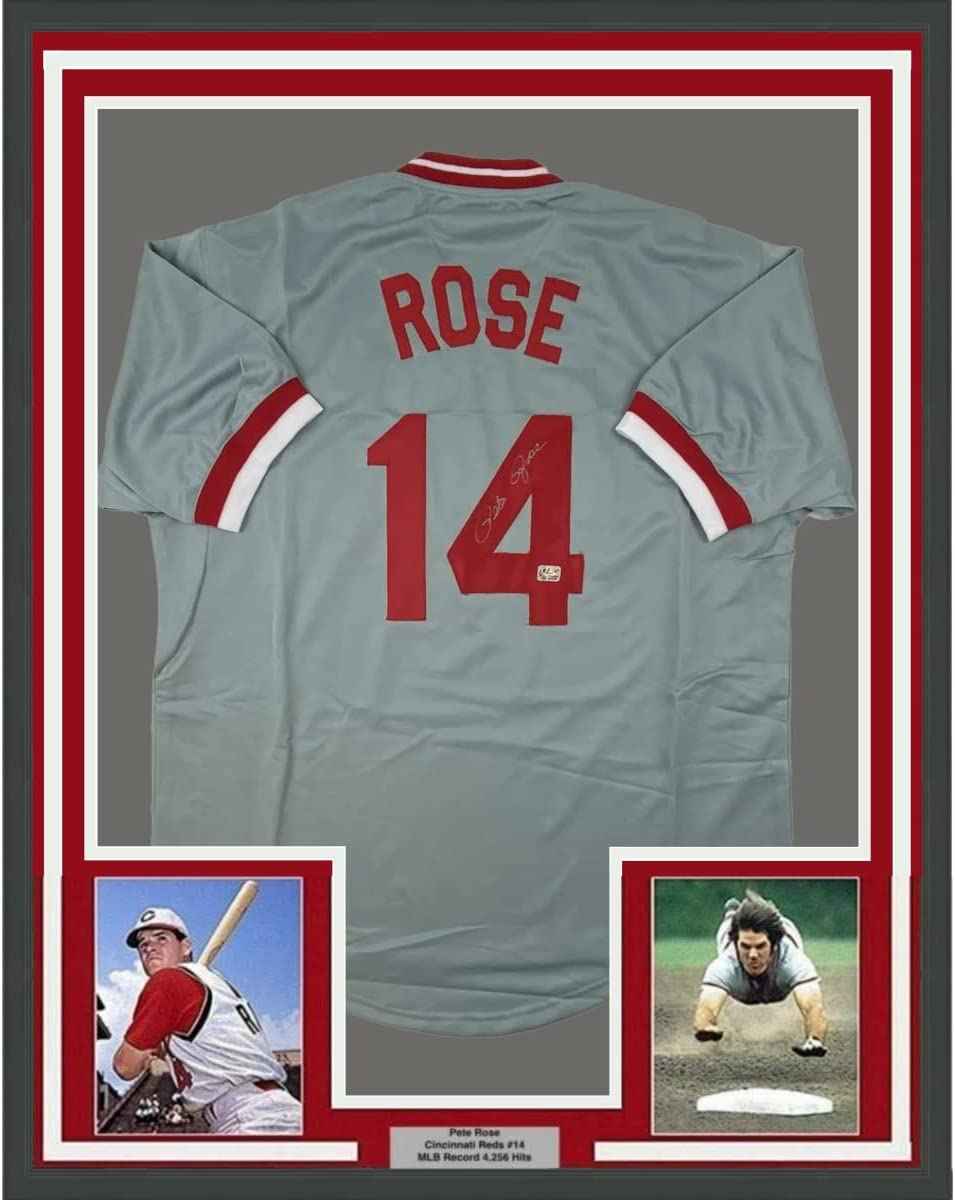 Framed Autographed/Signed Pete Rose 35x39 Cincinnati Grey Baseball Jersey Athlete Hologram COA Holo