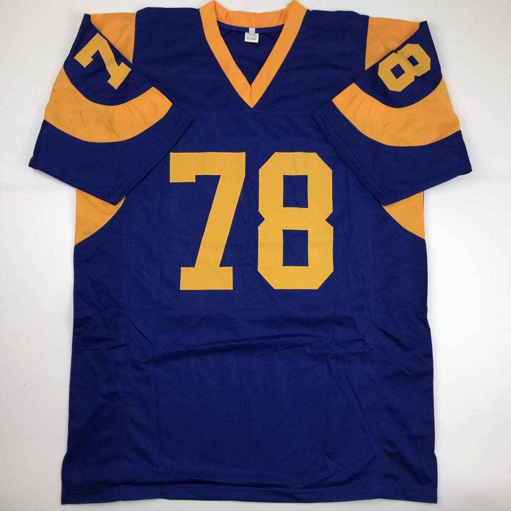 Autographed/Signed Jackie Slater HOF 01 Los Angeles LA Retro Blue Football Jersey JSA COA