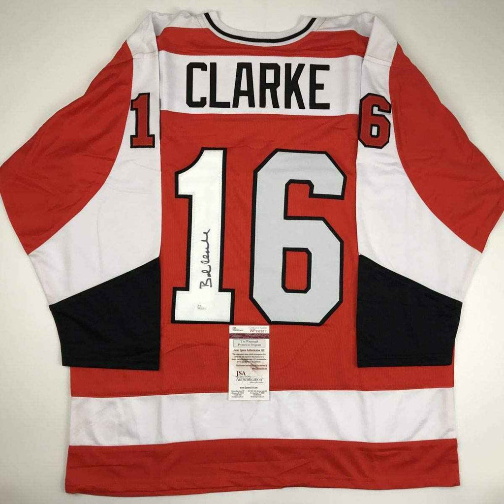Autographed/Signed Bob Bobby Clarke Philadelphia Orange Hockey Jersey JSA COA