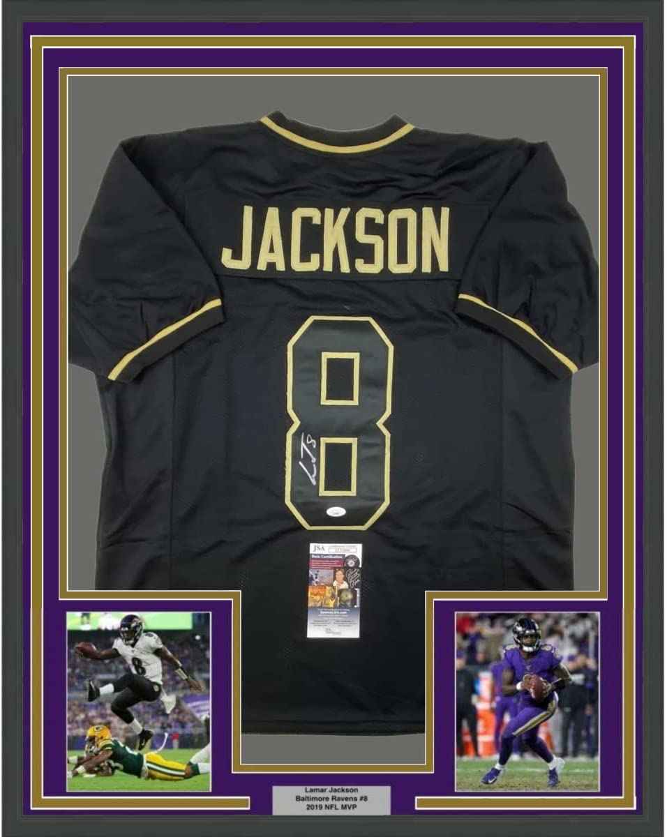 Framed Autographed/Signed Lamar Jackson 35x39 Baltimore Blackout Football Jersey JSA COA