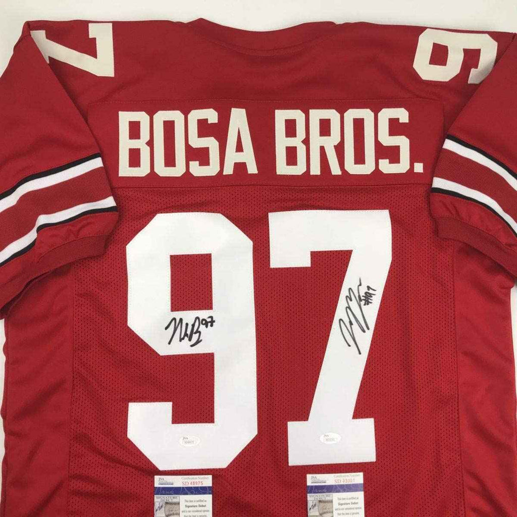 Autographed/Signed Nick & Joey Bosa Brothers Ohio State Red College Football Jersey JSA COA