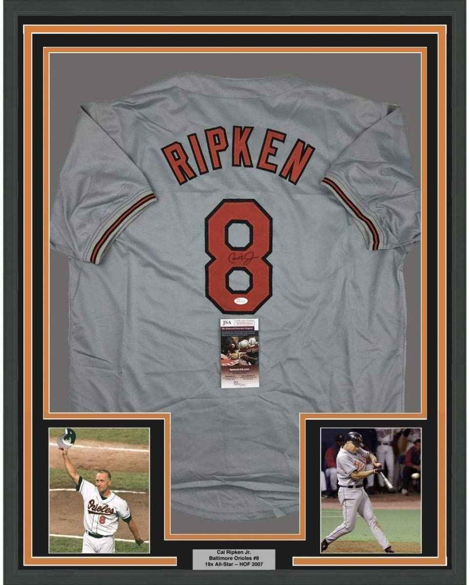 Framed Autographed/Signed Cal Ripken Jr. 35x39 Baltimore Grey Baseball Jersey JSA COA