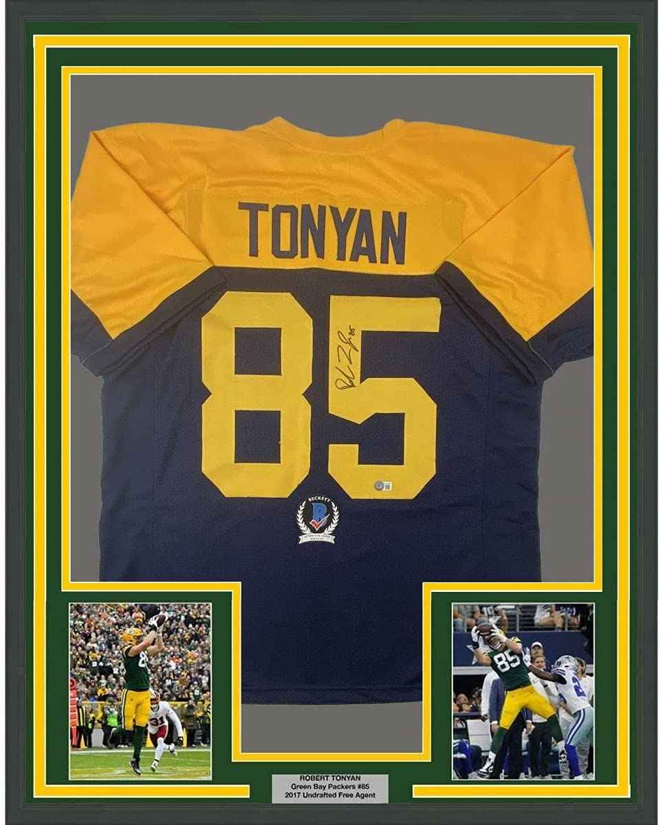 Framed Autographed/Signed Robert Tonyan 35x39 Green Bay Retro Blue Football Jersey Beckett BAS COA