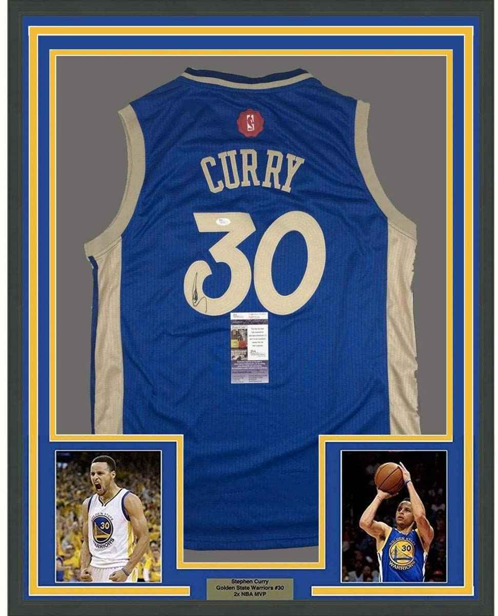 Framed Autographed/Signed Stephen Steph Curry 35x39 Golden State Blue Christmas Day Basketball Jersey JSA COA