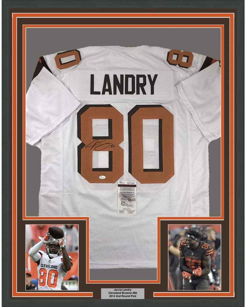 Framed Autographed/Signed Jarvis Landry 35x39 Cleveland White Football Jersey JSA COA