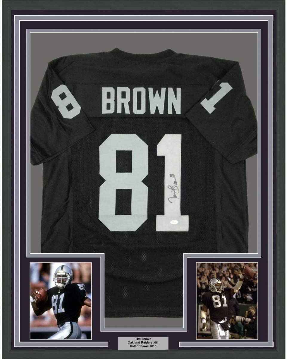 Framed Autographed/Signed Tim Brown 35x39 Oakland Black Football Jersey JSA COA Holo Only