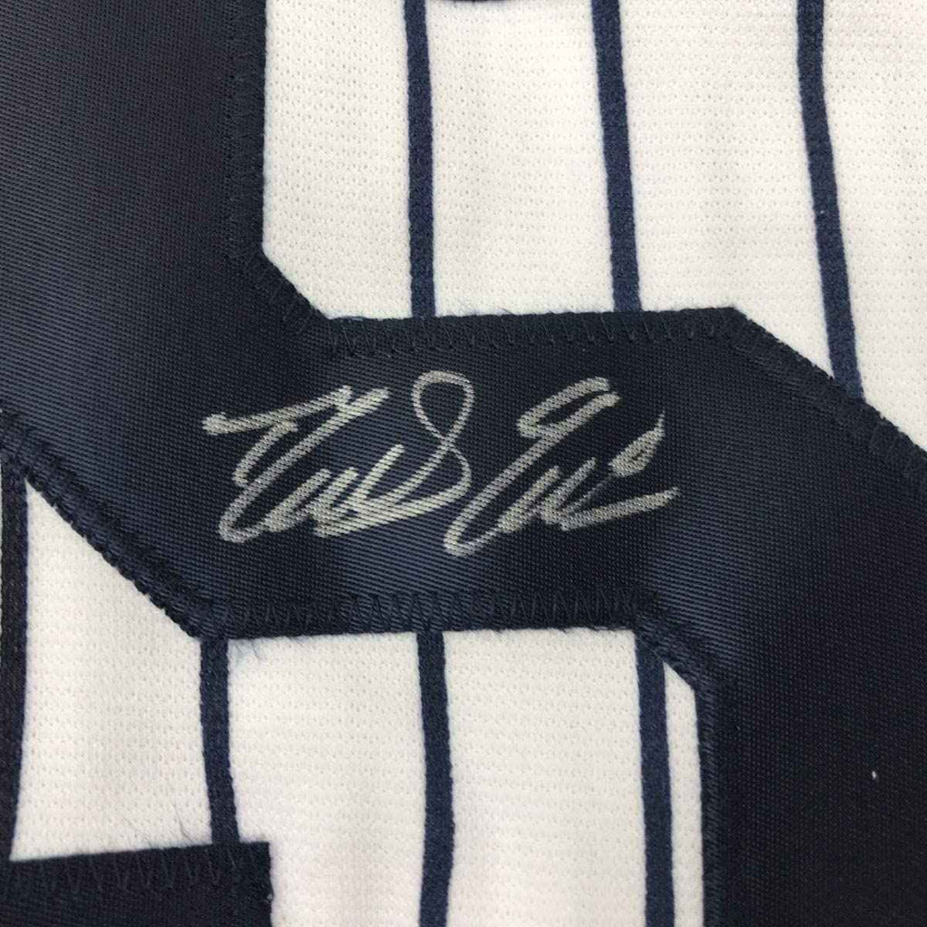 Framed Autographed/Signed Domingo German 35x39 New York Pinstripe Baseball Jersey JSA COA