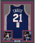 Framed Autographed/Signed Joel Embiid 35x39 Philadelphia Blue Basketball Jersey JSA COA