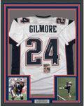 Framed Autographed/Signed Stephon Gilmore 35x39 New England White Football Jersey JSA COA