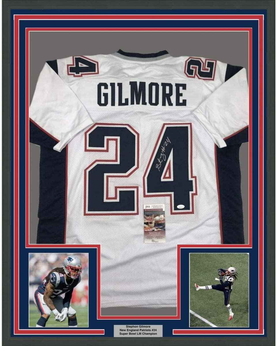 Framed Autographed/Signed Stephon Gilmore 35x39 New England White Football Jersey JSA COA