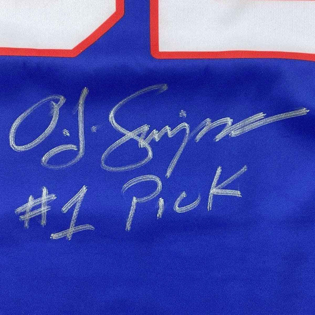 Framed Autographed/Signed OJ O.J. Simpson 35x39#1 Pick Buffalo Blue Football Jersey JSA COA