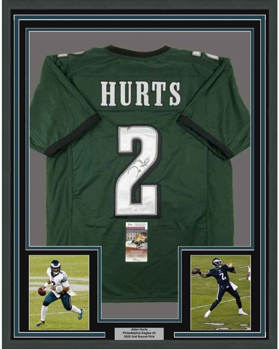 Framed Autographed/Signed Jalen Hurts 35x39 Philadelphia Green Football Jersey JSA COA