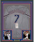 Framed Autographed/Signed Ivan Pudge Rodriguez 35x39 Texas Grey Baseball Jersey JSA COA