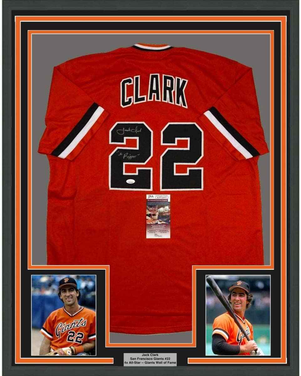 Framed Autographed/Signed Jack Clark The Ripper 35x39 San Francisco Orange Baseball Jersey JSA COA