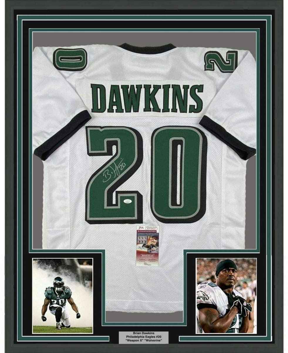 Framed Autographed/Signed Brian Dawkins 35x39 Philadelphia White Football Jersey JSA COA