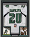 Framed Autographed/Signed Brian Dawkins 35x39 Philadelphia White Football Jersey JSA COA