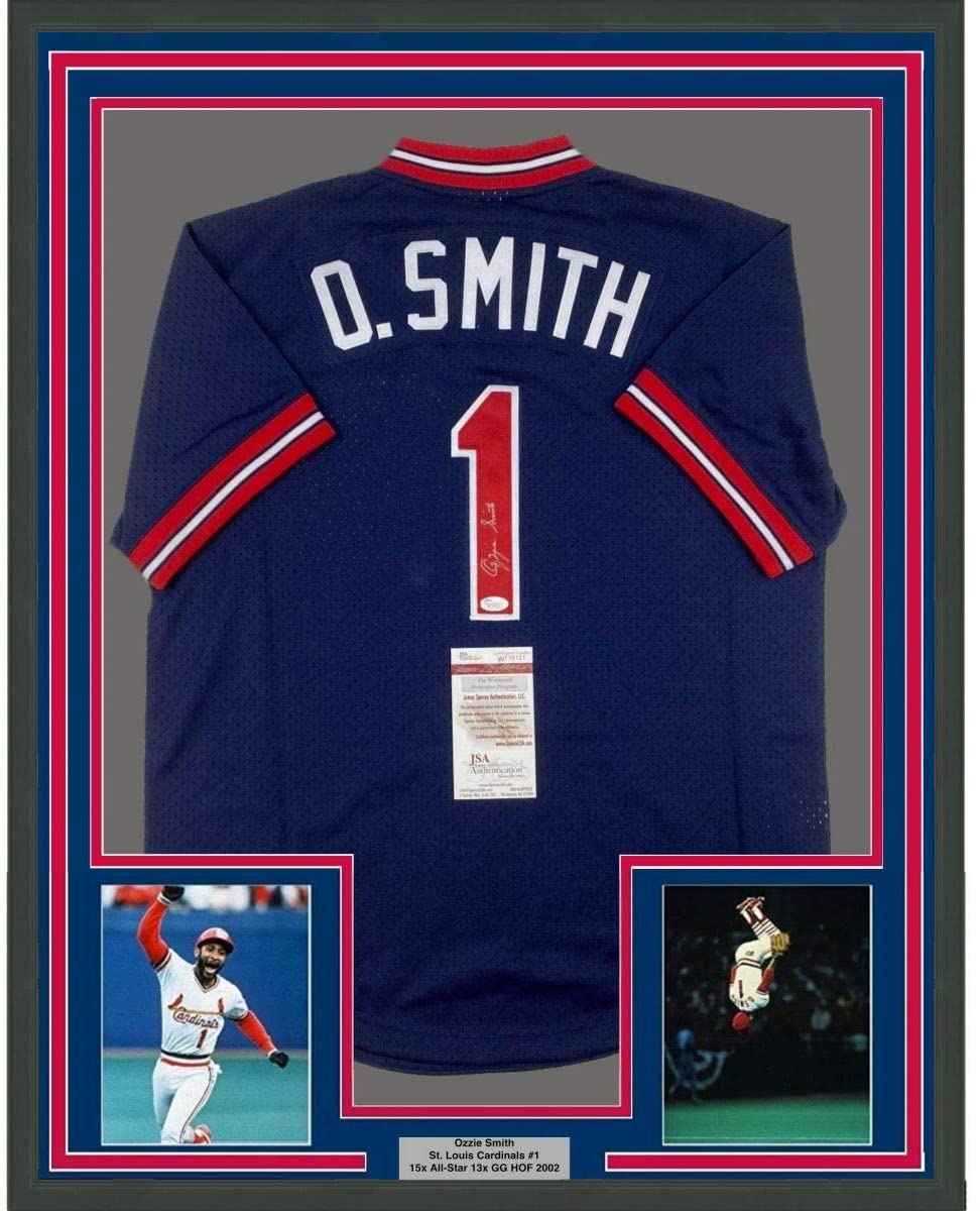 Framed Autographed/Signed Ozzie Smith 35x39 St. Louis Blue M&N Baseball Jersey JSA COA