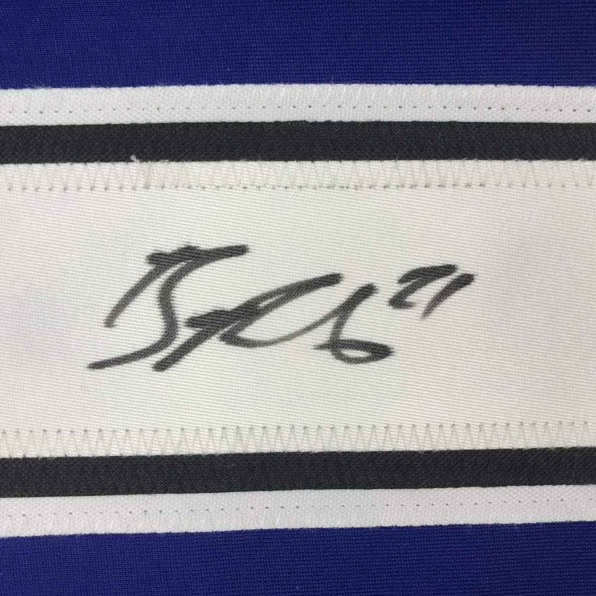 Framed Autographed/Signed Brayden Point 35x39 Tampa Bay Blue Hockey Jersey JSA COA