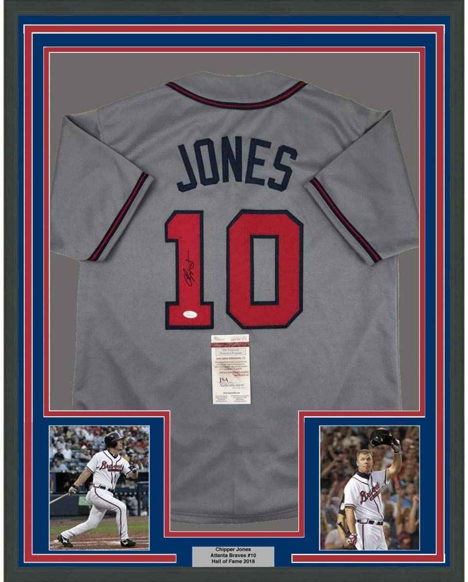 Framed Autographed/Signed Chipper Jones 35x39 Atlanta Grey Baseball Jersey JSA COA