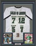 Framed Autographed/Signed Eagles QB Legends McNabb Cunningham Vick Jaworski 35x39 Philadelphia White Football Jersey JSA COA