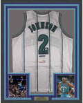 Framed Autographed/Signed Larry Johnson 35x39 Charlotte White Basketball Jersey PSA/DNA COA