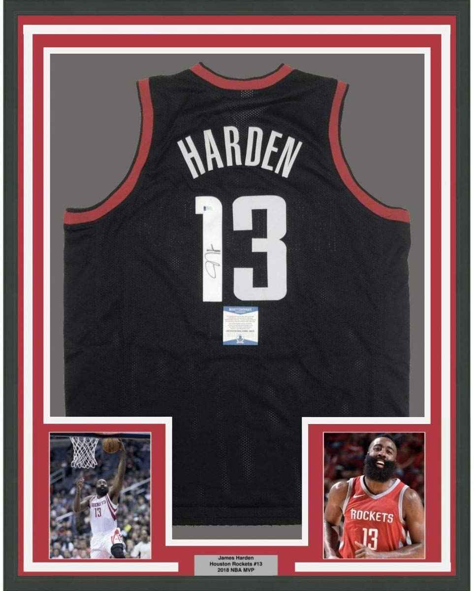 Framed Autographed/Signed James Harden 35x39 Houston Black Basketball Jersey Beckett BAS COA