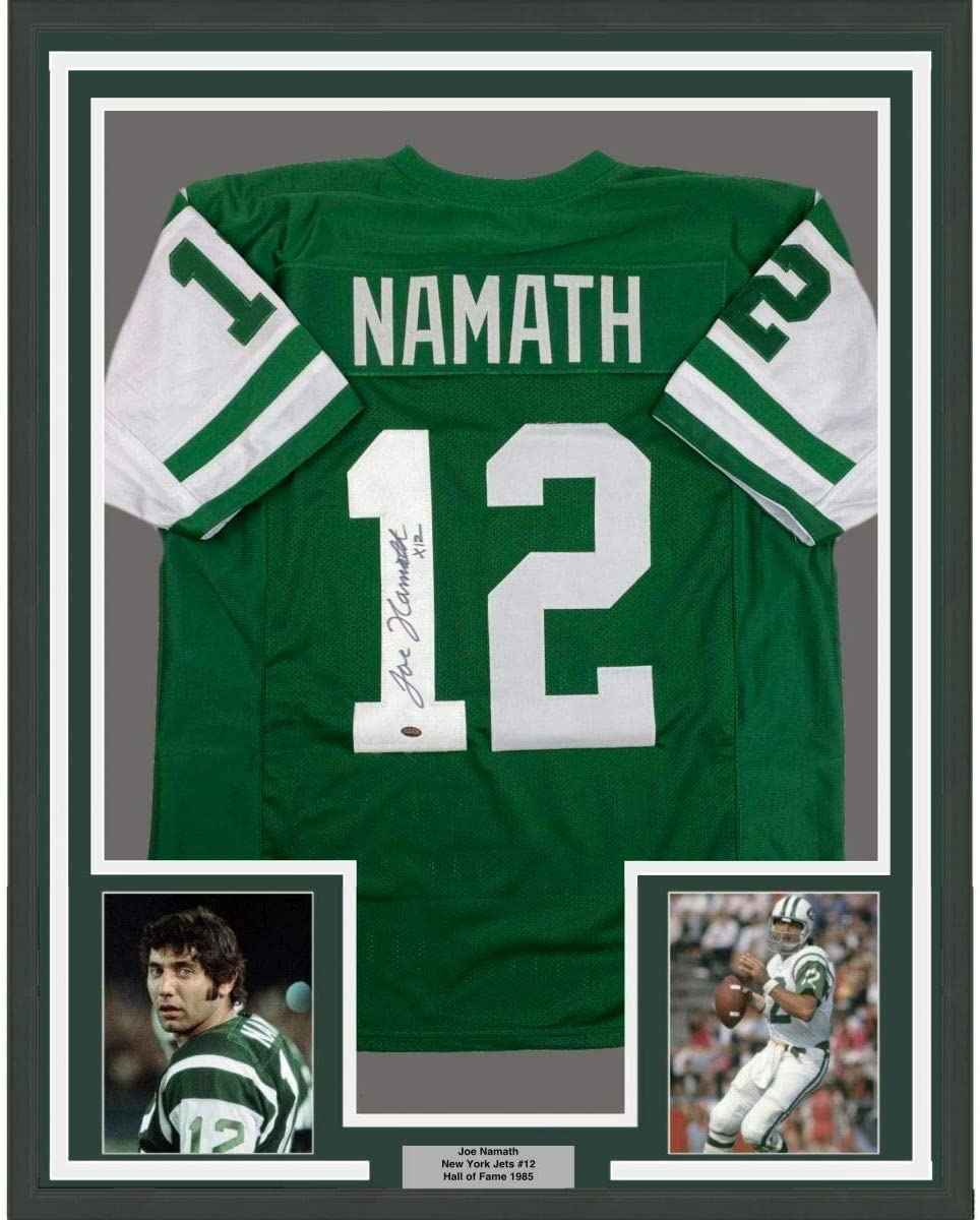 Framed Autographed/Signed Joe Namath 35x39 New York Green Football Jersey GTSM COA Holo Only