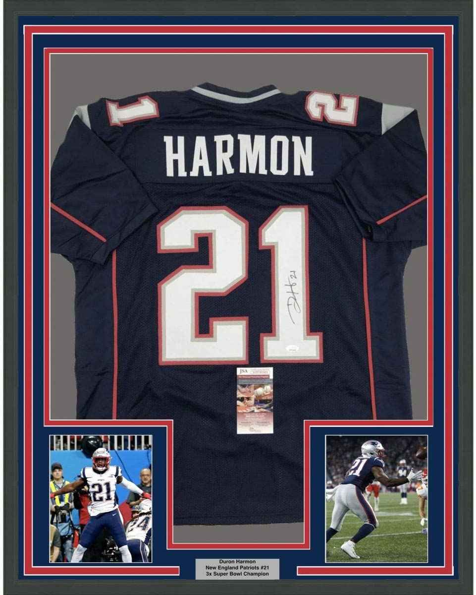 Framed Autographed/Signed Duron Harmon 35x39 New England Blue Football Jersey JSA COA