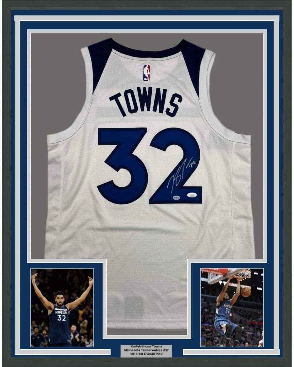 Framed Autographed/Signed Karl-Anthony Towns 35x39 Minnesota White Basketball Jersey JSA COA