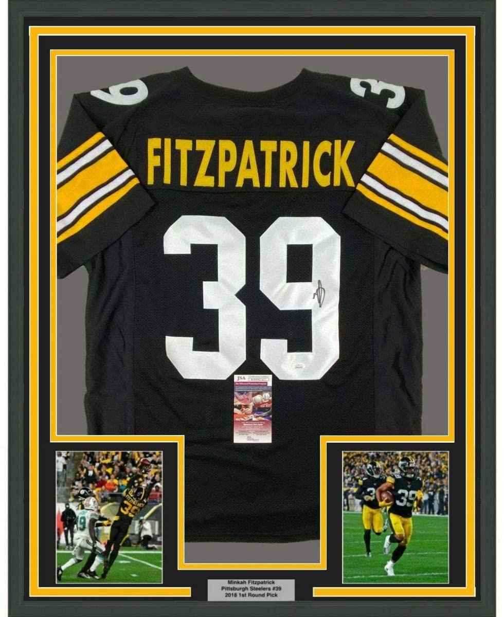Framed Autographed/Signed Minkah Fitzpatrick 35x39 Pittsburgh Black Football Jersey JSA COA