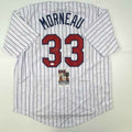 Autographed/Signed Justin Morneau Minnesota Pinstripe Baseball Jersey JSA COA