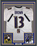 Framed Autographed/Signed John Brown 35x39 Baltimore White Football Jersey JSA COA