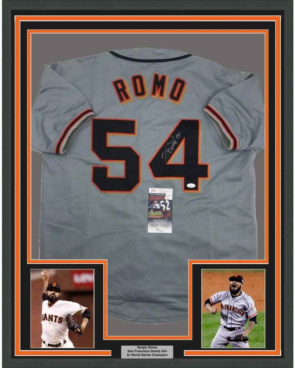 Framed Autographed/Signed Sergio Romo 35x39 San Francisco Grey Baseball Jersey JSA COA