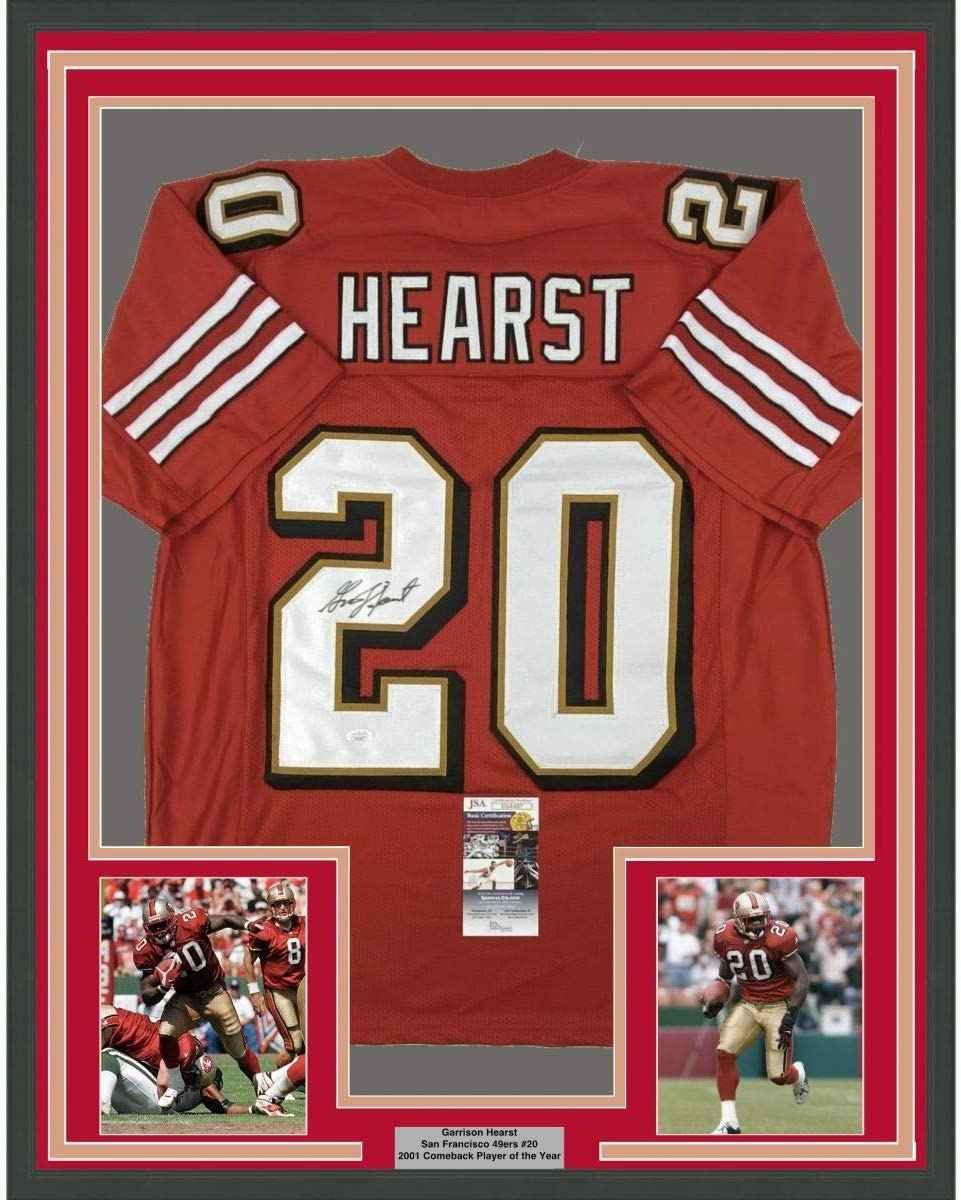 Framed Autographed/Signed Garrison Hearst 35x39 San Francisco Red Football Jersey JSA COA