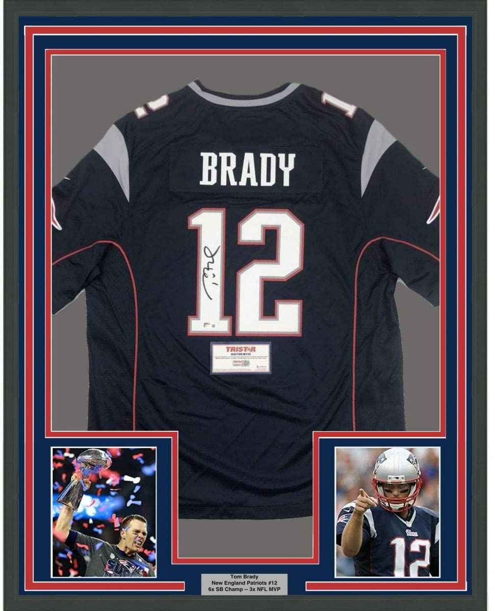 Framed Autographed/Signed Tom Brady 35x39 New England Patriots Blue Authentic Nike Game Football Jersey Tristar COA