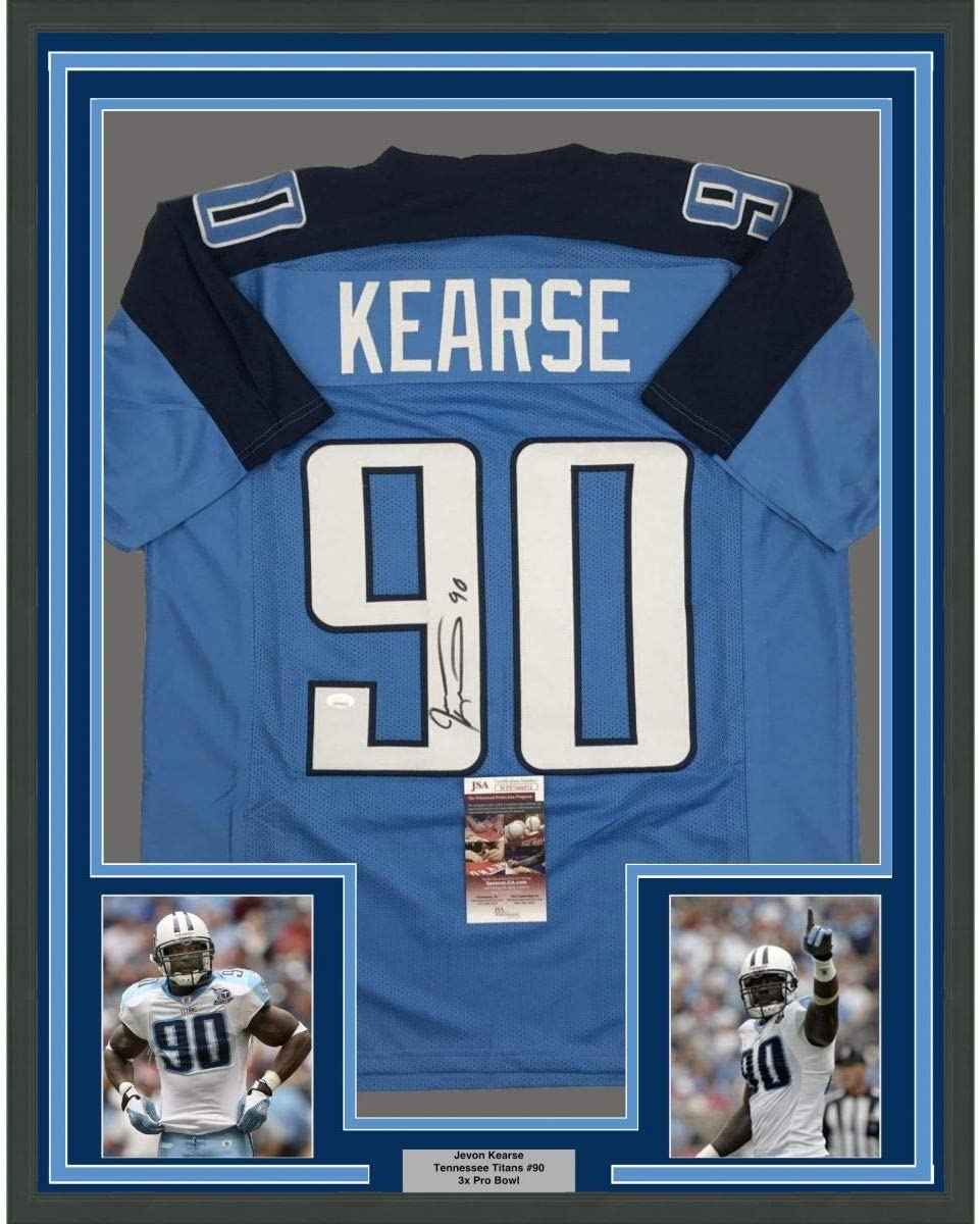 Framed Autographed/Signed Jevon Kearse 35x39 Tennessee Powder Blue Football Jersey JSA COA