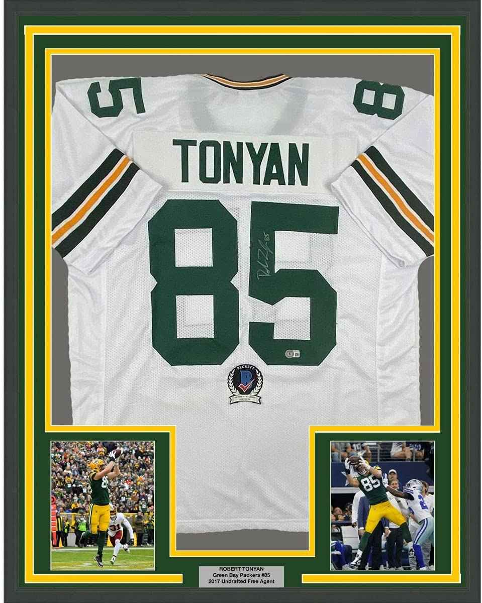 Framed Autographed/Signed Robert Tonyan 35x39 Green Bay White Football Jersey Beckett BAS COA