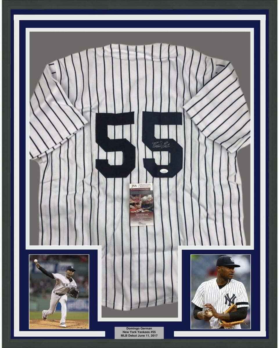 Framed Autographed/Signed Domingo German 35x39 New York Pinstripe Baseball Jersey JSA COA