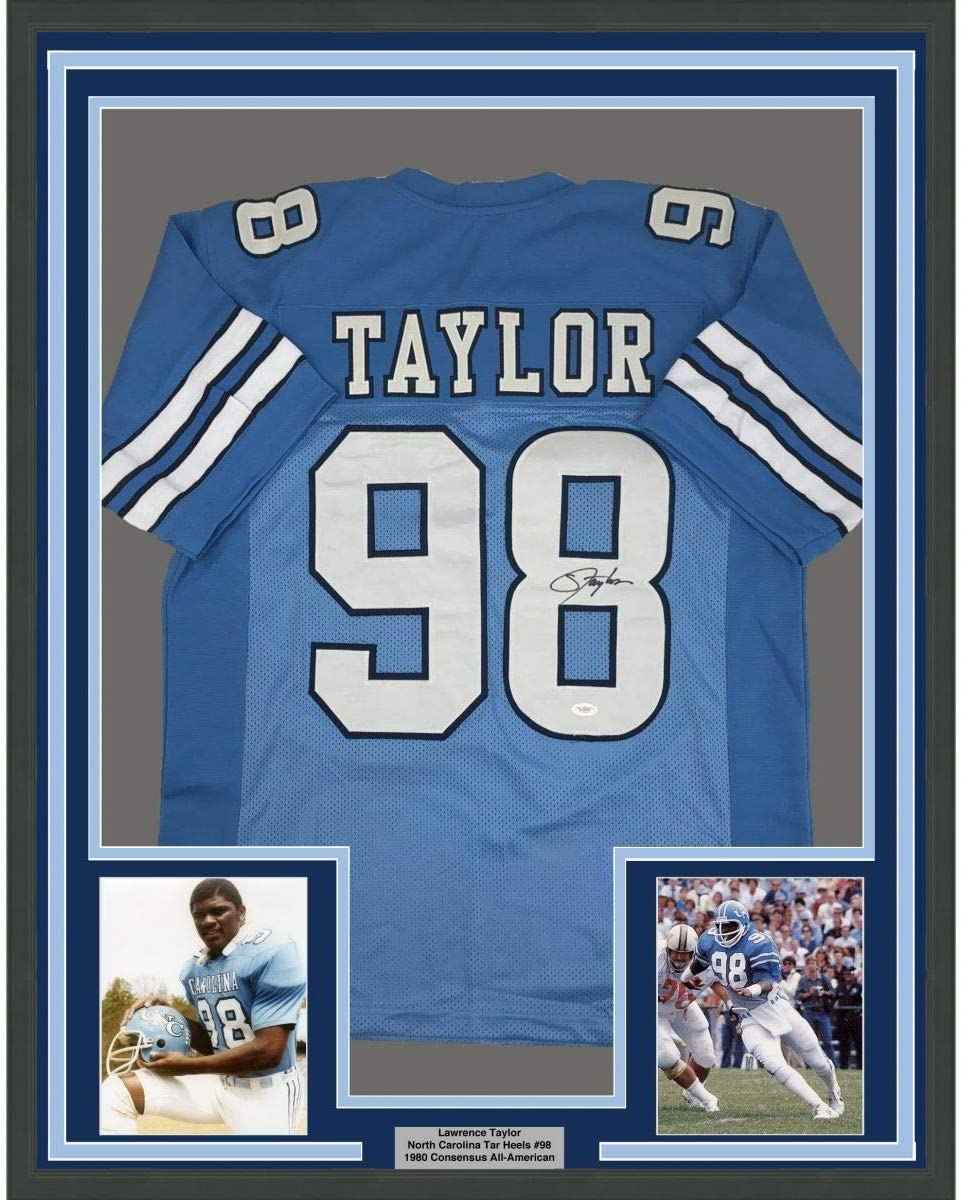 Framed Autographed/Signed Lawrence Taylor 35x39 North Carolina Blue College Football Jersey JSA COA Holo Only