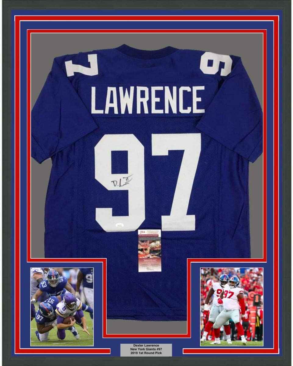 Framed Autographed/Signed Dexter Lawrence 35x39 New York Blue Football Jersey JSA COA