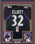 Framed Autographed/Signed DeShon Elliott 35x39 Baltimore Black Football Jersey JSA COA