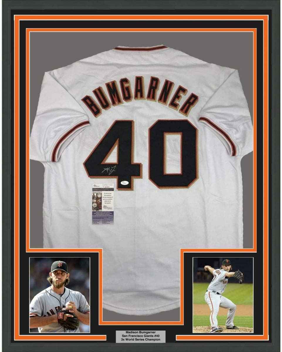 Framed Autographed/Signed Madison Bumgarner 35x39 San Francisco White Baseball Jersey JSA COA