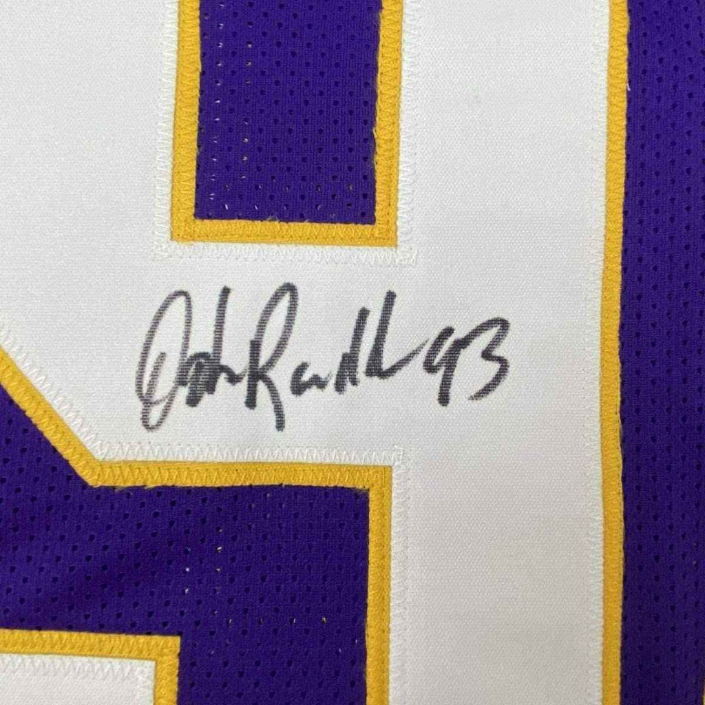 Framed Autographed/Signed John Randle 35x39 Minnesota Purple Football Jersey JSA COA