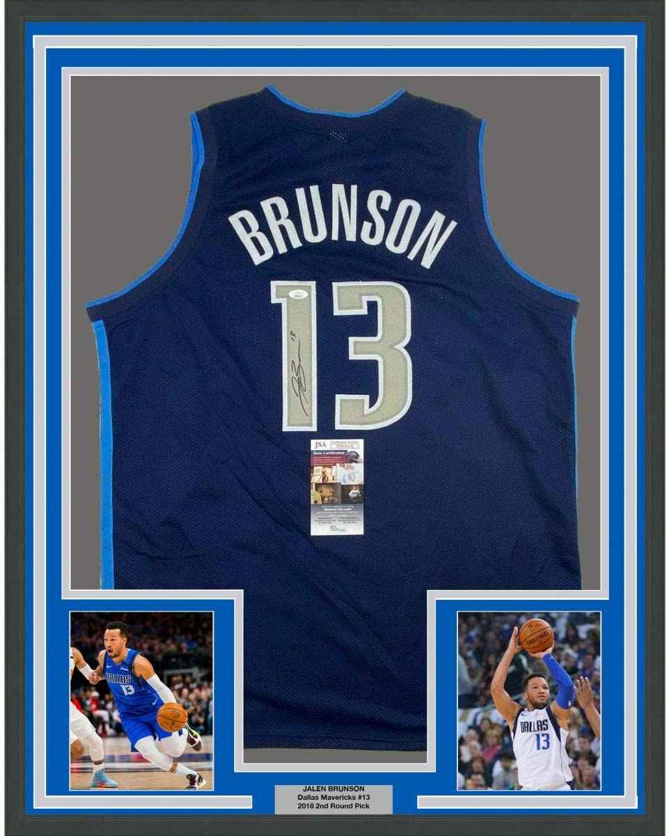 Framed Autographed/Signed Jalen Brunson 35x39 Dallas Dark Blue Basketball Jersey JSA COA