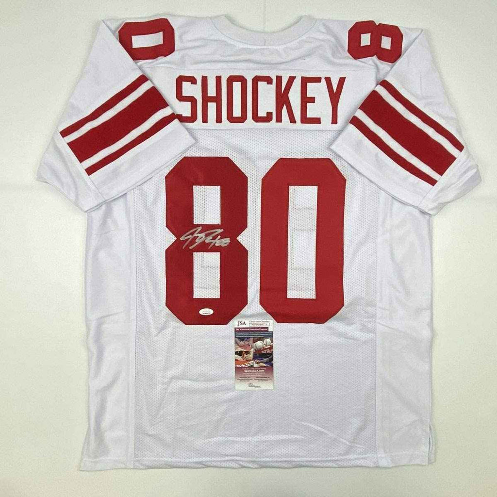 Autographed/Signed Jeremy Shockey New York White Football Jersey JSA COA